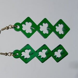 Earrings Handmade Green Acrylic 3 Shamrocks Cut Out